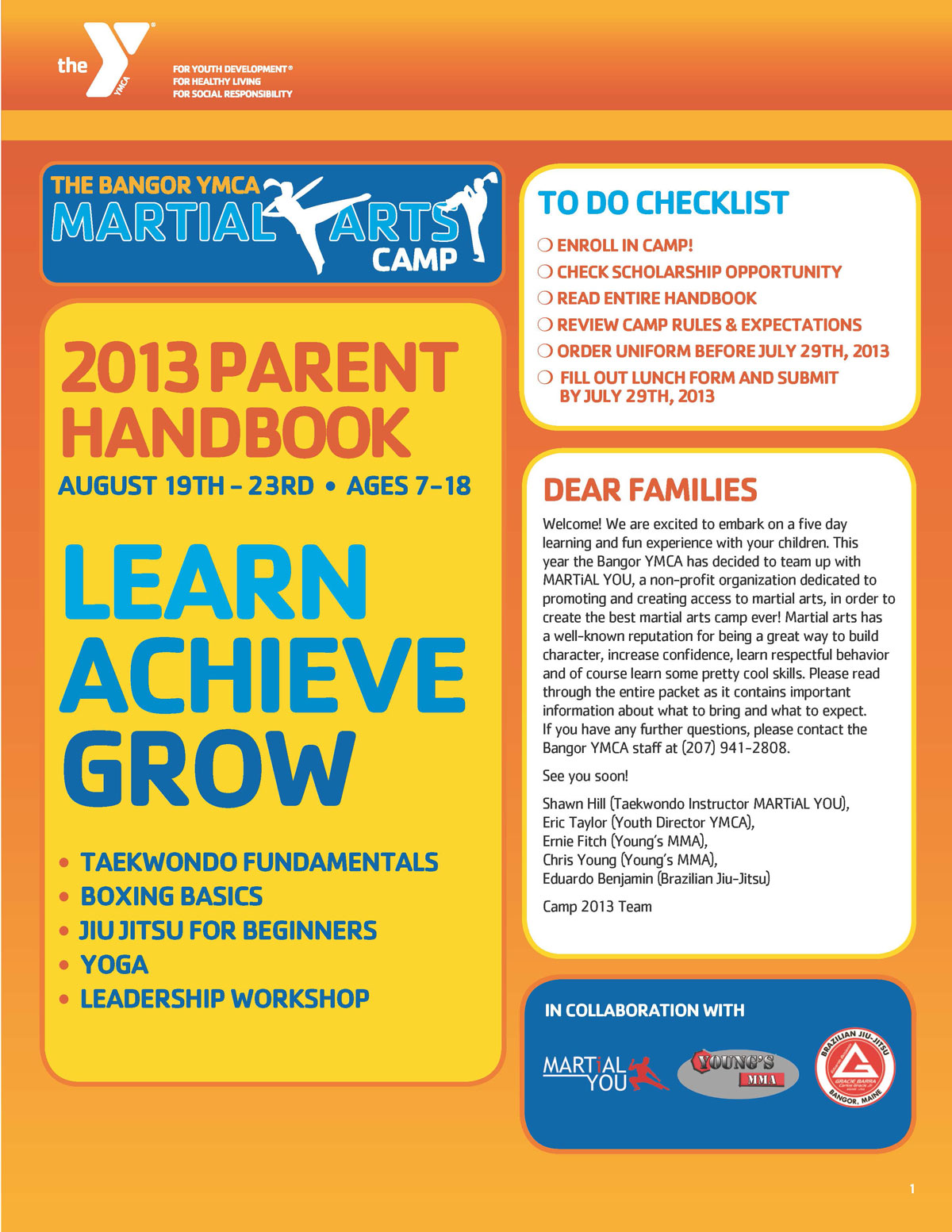 MARTIAL ARTS CAMP 2013 Handbook YMCA Cover Page 1 1200